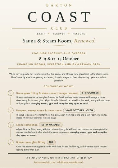 Sauna & Steam Room refurbishment schedule notice