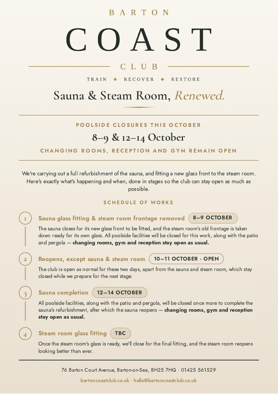 Sauna & Steam Room refurbishment schedule notice, enlarged
